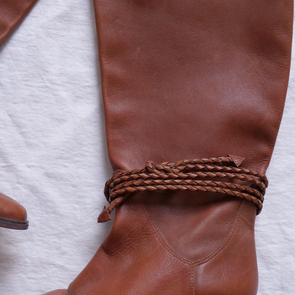 80s peanut butter brown leather mid calf boho boots - Picture 2 of 9